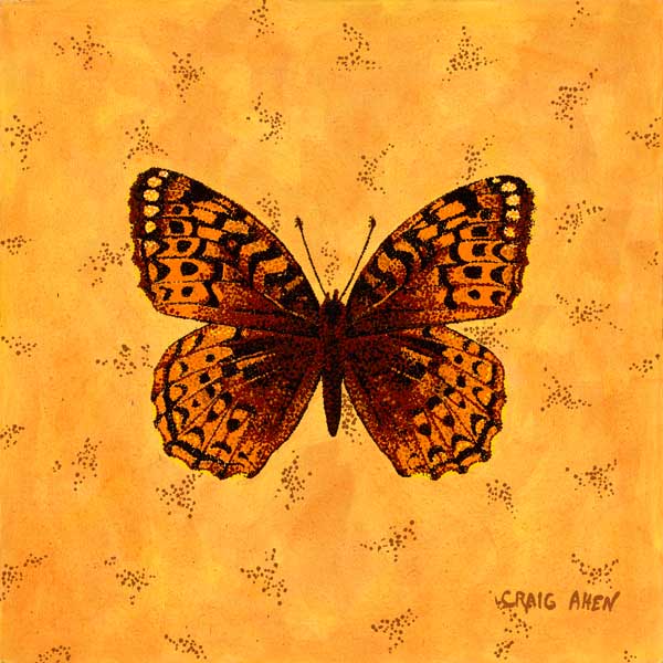 Great Spangled Fritillary. Series: Butterflies. Pointillist painting of butterfly specimen. The butterfly is a symbol of transformation. As such it is a symbol for me personally of how life can change after becoming infected with HIV.