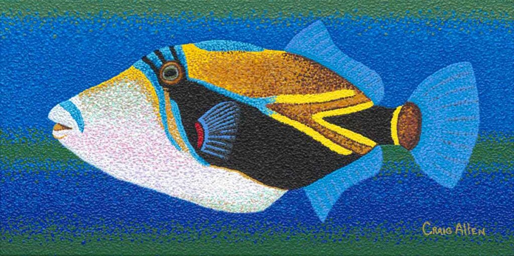 Journal Entry: Fish in Art: Series: Fish. Humuhumunukunukuāpuaʻa or the Reef Triggerfish. Found in the oceans around the Hawaiian Isalnds. Acrylic pointillism.