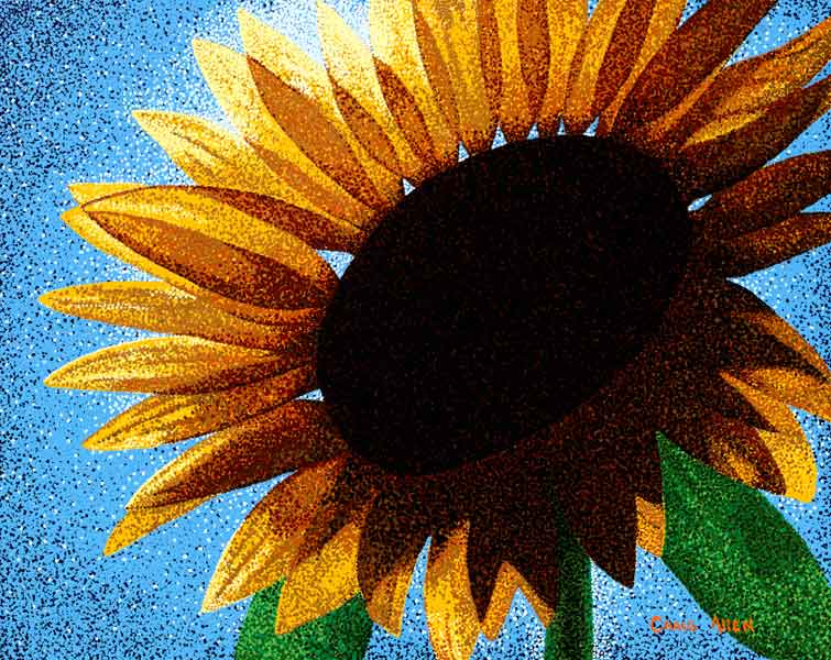 Journal Entry: Flowers & Plants. Sunflower Sutra #1. Series: Flowers. Acrylic pointillist painting of a sunflower.