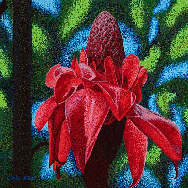 Journal Entry: Flowers & Plants: Torch Ginger, Hawaii Tropical Bioreserve & Garden. Series: Flowers. Acrylic pointillist painting of Etlingera elatior.