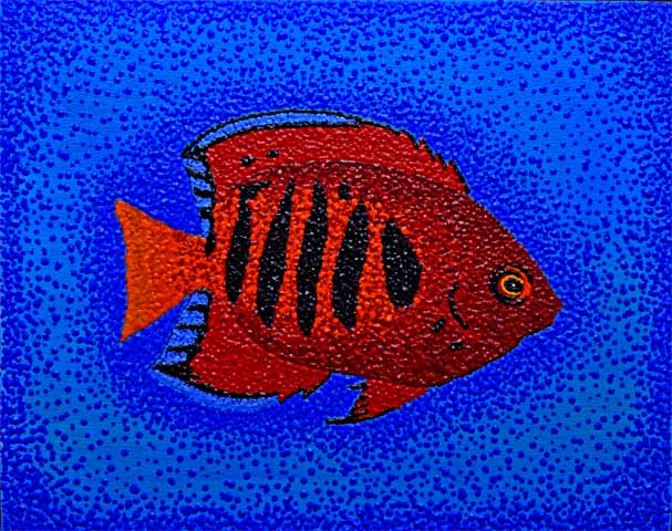 Journal Entry: Fish in Art: Series: Fish. Flame Angelfish. The flame angelfish is a marine angelfish of the family Pomacanthidae found in tropical waters of the Pacific Ocean. Acrylic pointillist painting.