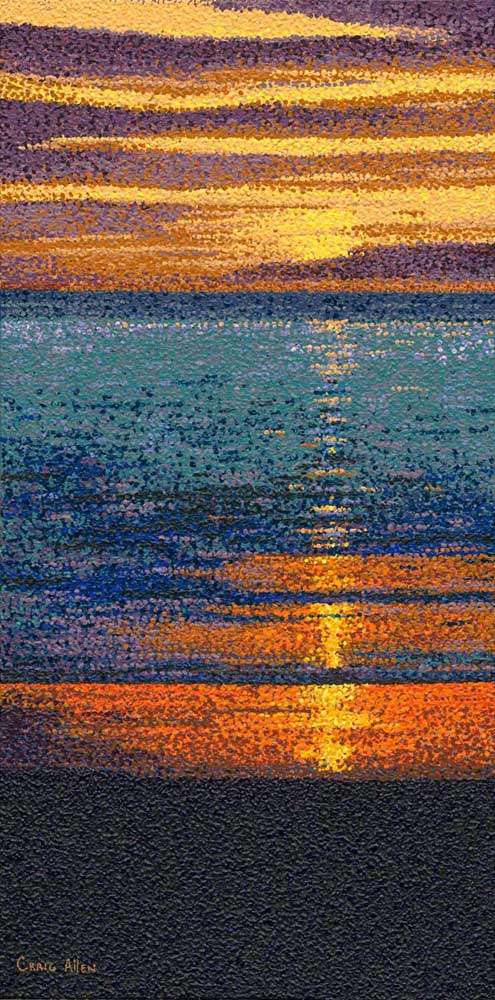 Journal Entry: Water & Sky. Sunset on Kaanapali Beach, Maui. Series: Water and Sky. A pointillist painting of a technicolor sunset common in Hawaii.