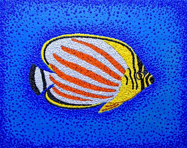 Journal Entry: Fish in Art: Series: Fish. Ornate Butterflyfish. The ornate butterflyfish, or clown butterfyfish is a species of marine ray-finned fish, a butterflyfish in the family Chaetodontidae. Acrylic pointillist painting.