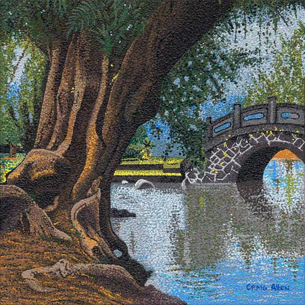 Journal Entry: Pointillism Trails. Reflections in Queen's Park. Series: Along the Trail. Liliʻuokalani Park and Gardens is a 24.14-acre park with Japanese gardens, located on Banyan Drive in Hilo on the island of Hawaiʻi. Pointillist painting of tree and bridge on pond.