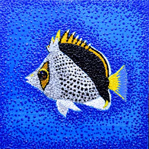 Journal Entry: Fish in Art: Series: Fish. Tinker Butterflyfish. The Hawaiian butterflyfish, also known as Tinker's butterflyfish, is a marine ray-finned fish, a butterflyfish belonging to the family Chaetodontidae of order Perciformes. Acrylic pointillist painting.
