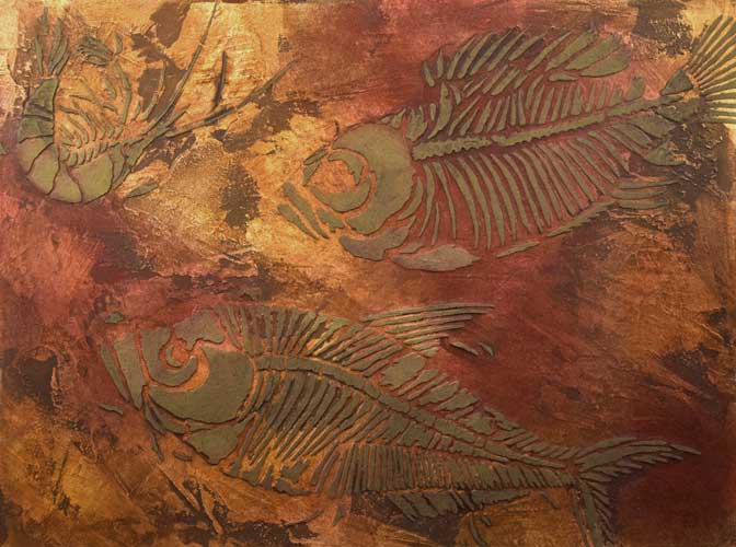 Journal Entry: Fish in Art: Series: Decorative Work. Textural, mixed media work of fossilized fish skeletons. 